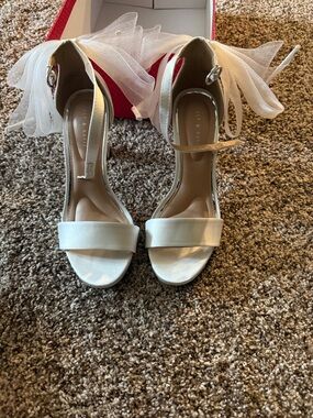 Kelly & Katie Ivory Satin Ankle Strap Heels with Tulle Bows